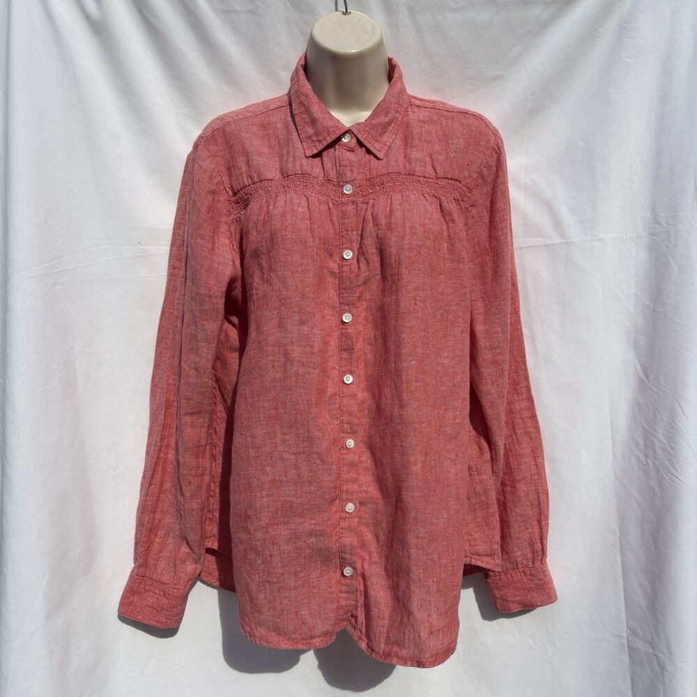 Lands' End Slubbed Linen Button Up Women’s Shirt Medium 10-12 Coral Flowy Beachy
